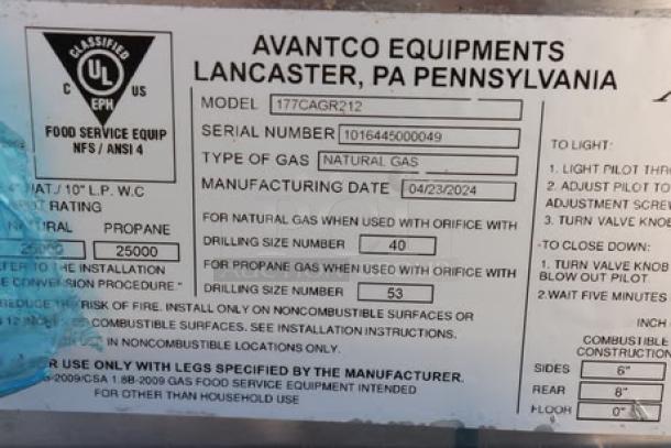 Alt text: "Label of Avantco Chef Series CAG-R-2-12, showing model and serial number 1016445000049, natural gas type, and manufacturing date of 04/23/2024."
