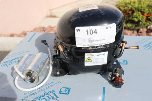 Brand new Avantco 17810035 compressor for SS-PT-71/APT-71 Series, R-290, out of packaging, with visible auction labels.