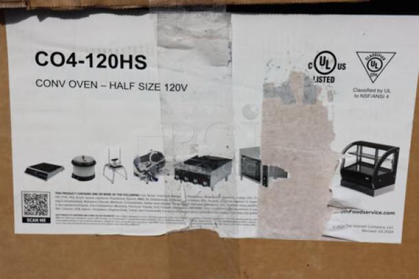 Box showing label for Vollrath CO4-120HS half-size convection oven, 120V. The label is scratched and partially torn.