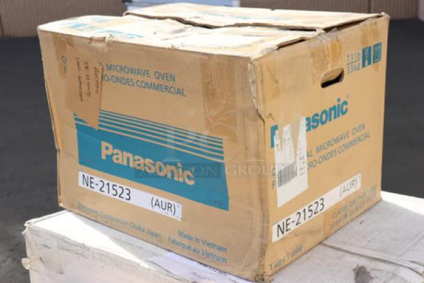Brand new Panasonic NE-21523 stainless steel commercial microwave, 2100W, 208/240V, in original packaging.