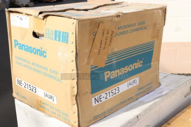 Brand new Panasonic NE-21523 stainless steel commercial microwave oven in box, 208/240V, 2100W, S/N: 6C33080025.