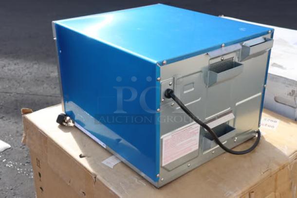 Brand new Panasonic NE-21523 stainless steel commercial microwave, 2100W, 208/240V, shown in packaging.