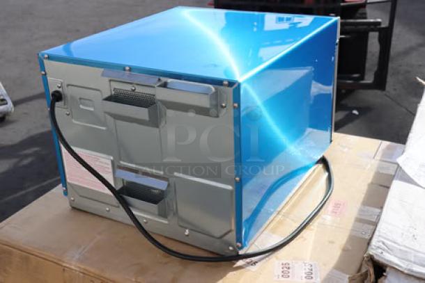 Brand new Panasonic NE-21523 stainless steel commercial microwave oven, 2100W, 208/240V, S/N: 6C33080025, shown in original packaging.