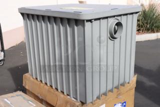 BRAND NEW Endura 3950A04 100 lb. 50 GPM grease trap with 4" hub, gray, out of original packaging, pristine condition.