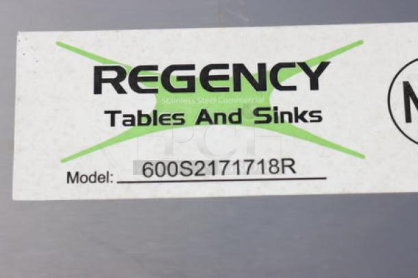 Regency 600S2171718R stainless steel commercial sink label, indicating brand and model number.