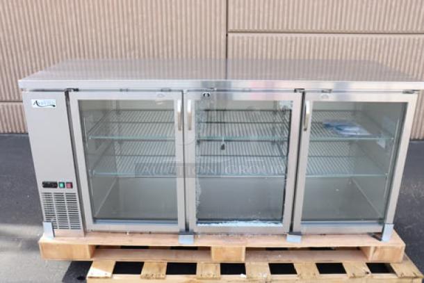 Avantco UBB-378-G-HC-S stainless steel 79" back bar refrigerator, LED lighting, broken middle door glass. Model: UBB-378-G-HC-S.