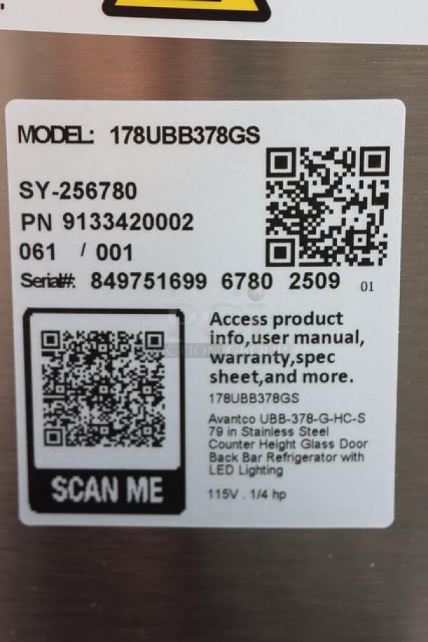 Avantco UBB-378-G-HC-S refrigerator label with QR codes, model, and serial number details.
