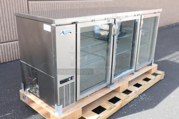 Avantco UBB-378-G-HC-S stainless steel bar refrigerator, 79", glass doors, LED lighting. Outer glass on middle door broken.