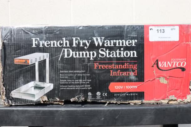 Brand new Avantco FFDS-1 Infrared French Fry Warmer, 1000W, 120V, freestanding, with damaged packaging.