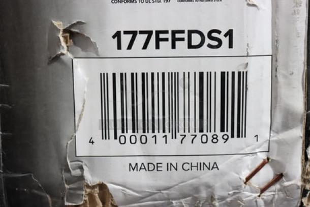 Brand new Avantco FFDS-1 Infrared French Fry Warmer in damaged packaging, 1000W, 120V, barcode visible.