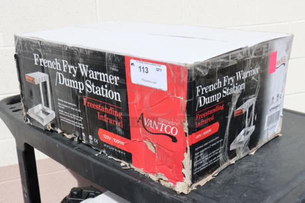 Brand new Avantco FFDS-1 Freestanding Infrared French Fry Warmer, 1000W, 120V, in damaged packaging.