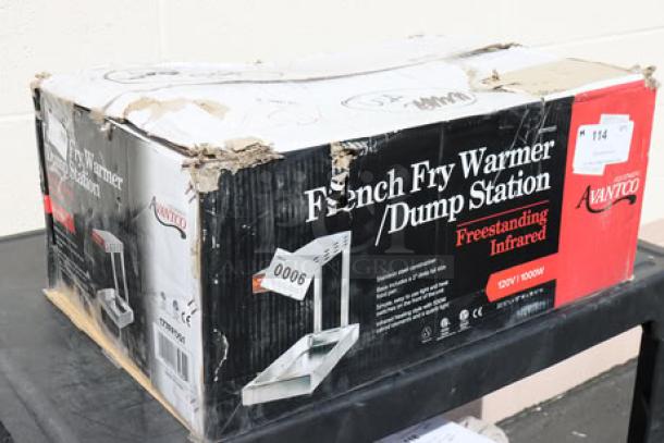 Brand new Avantco FFDS-1 infrared French fry warmer, 1000W, 120V, in damaged packaging.