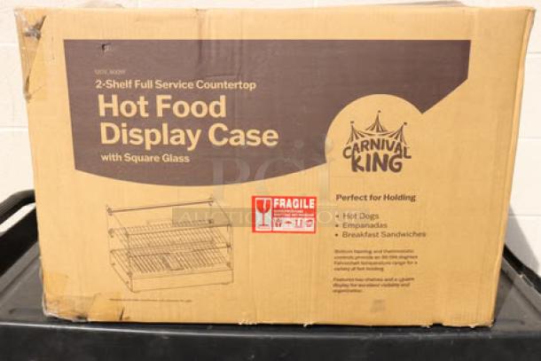 Carnival King HDCG2A hot food display case box, 2 shelves, 120V, 800W, packaging damaged. Serial No. 1702305100085.