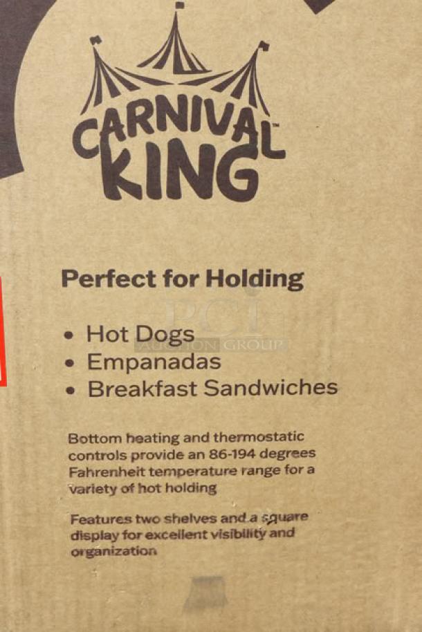 Carnival King HDCG2A silver curved glass hot food display case, new, 2 shelves, 120V, 800W, damaged packaging.