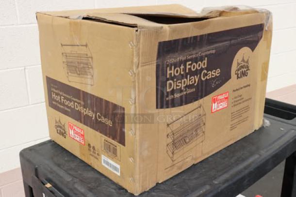 Carnival King HDCG2A Hot Food Display Case box, damaged packaging, model and S/N visible, 120V, 800W, silver curved glass.