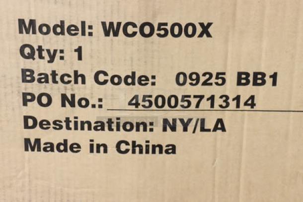 "Waring WCO500X convection oven box with model, batch code, PO number; packaging damaged. Made in China."