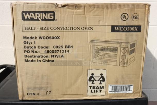 Brand new Waring WCO500X half-size countertop convection oven in original box. Packaging is damaged.