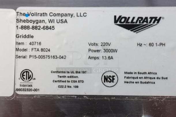 BRAND NEW Vollrath 40716 Cayenne 24" thermostatic electric griddle, 220V. Tags show model 40716, 3000W, S/N: P15-00575163-042.