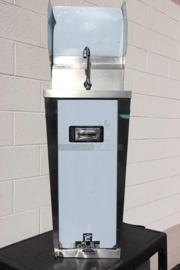 Brand new Regency 600HS17FPB 17" x 15" hands-free hand sink with pedestal, visible minor scratches and dents.