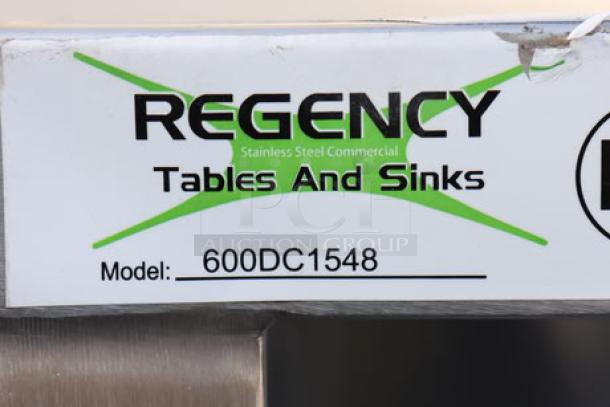 Regency 15" x 48" stainless steel dish cabinet, new, model 600DC1548, with adjustable midshelf. Scratch-n-dent condition.