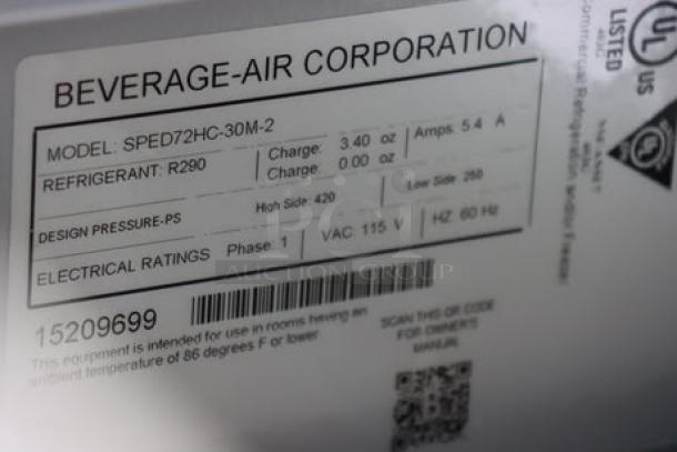Beverage-Air SPED72HC-30M-2 label details, showing model, refrigerant type R290, electrical ratings, and serial number 15209699.
