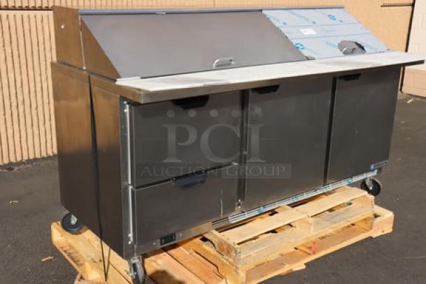 Beverage-Air SPED72HC-30M-2 refrigerated prep table, 72" with 2 doors, 2 drawers, stainless steel, on pallet, serial 15209699.