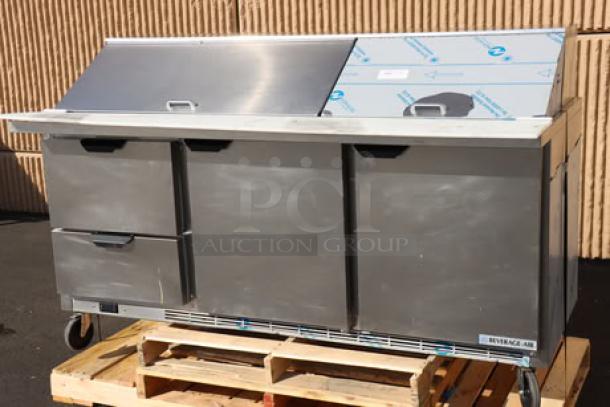 Beverage-Air SPED72HC-30M-2, 72" refrigerated prep table with 2 doors and 2 drawers, stainless steel, good condition.