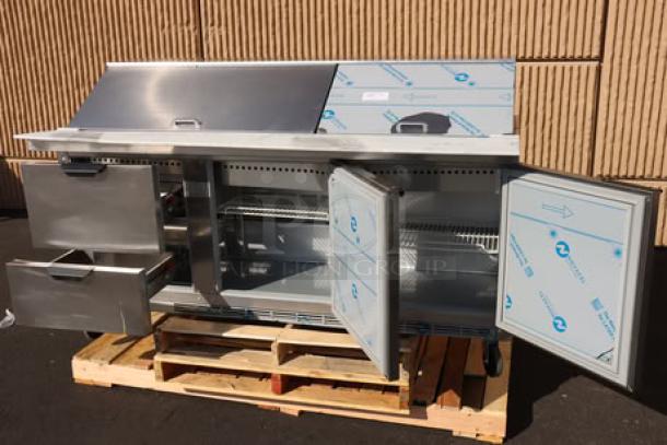 Beverage-Air SPED72HC-30M-2 72" prep table, 2 doors, 2 drawers, stainless steel, mega top, new condition, on pallet.