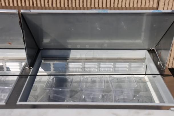 Beverage-Air SPED72HC-30M-2 72" refrigerated sandwich prep table with 2 doors, 2 drawers, and mega top. Serial No. 15209699.