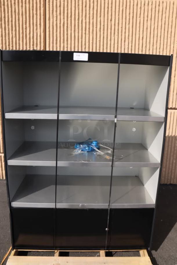 Metal 3 Shelf Cabinet with Locking Doors, black, Model 3-SHELF. Features three shelves, new condition, includes keys.