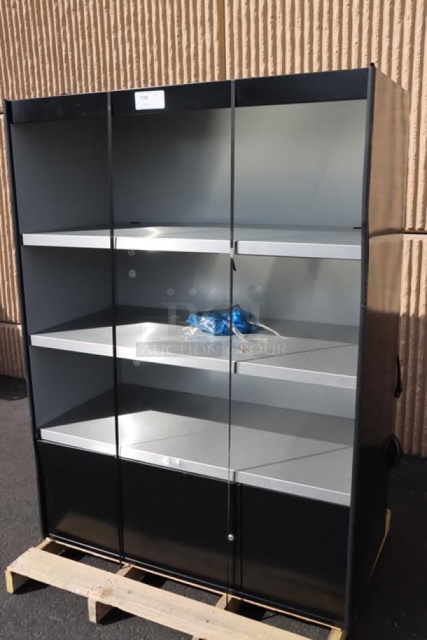 Metal 3-SHELF cabinet with three locking doors, black finish, sturdy construction, and visible shelving. Great storage solution.