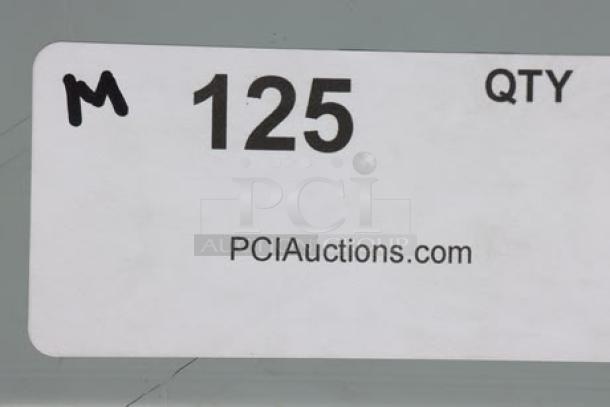 Domino's Pizza 8ft "CUTTING EDGE" table, center shelf, commercial casters, bent middle, damaged brackets, label: "125 QTY".