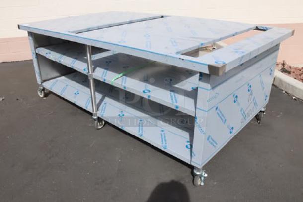 BRAND NEW Duke Domino's 8ft "CUTTING EDGE" table with slots, center shelf, storage, on casters. Bent in middle, damaged brackets.