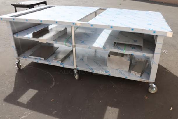 BRAND NEW SCRATCH & DENT! 8ft Duke Domino's "CUTTING EDGE" table, bent center, damaged brackets, with shelf, slots, casters.