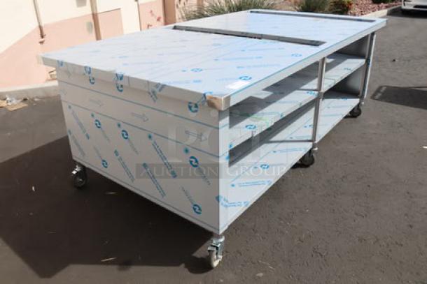 BRAND NEW Duke Domino's 8ft "CUTTING EDGE" table with center shelf, casters, slots, storage; bent midsection, damaged brackets.