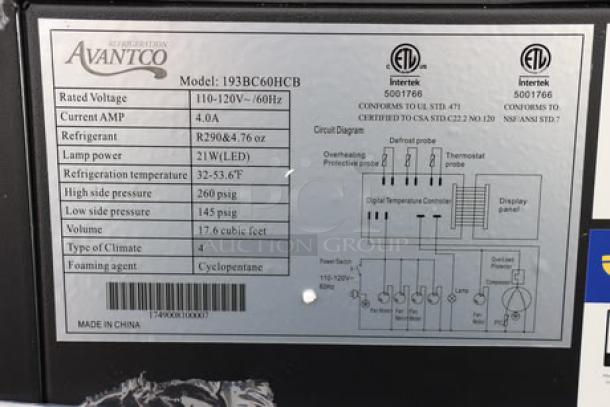 Avantco BC-60-HC bakery display case, 60", curved glass, black, 115V, broken glass, S/N: 1749008100007, model details shown.