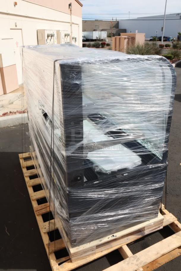 Brand new Avantco BC-60-HC black refrigerated bakery display case, 60", serial number 1749008100007. Curved glass is broken.