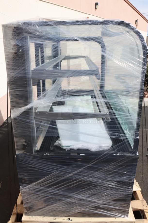 Avantco BC-60-HC refrigerated bakery display case, 60", curved glass, black, broken glass, wrapped, 115V, S/N: 1749008100007.