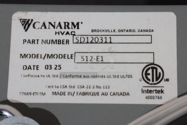 Canarm exhaust fan label with part number SD120311, model S12-E1, certifying compliance with UL and CSA standards.