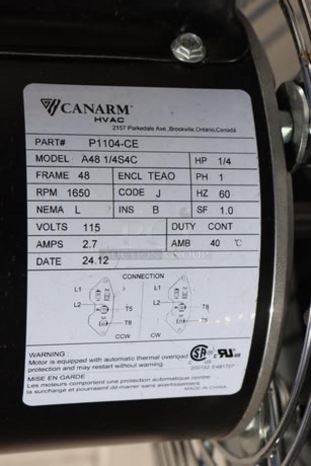 Canarm 12" single-speed wall exhaust fan, model SD12031. Brand new, 1,640 CFM, 120V, 1/4 hp. Features detailed label.