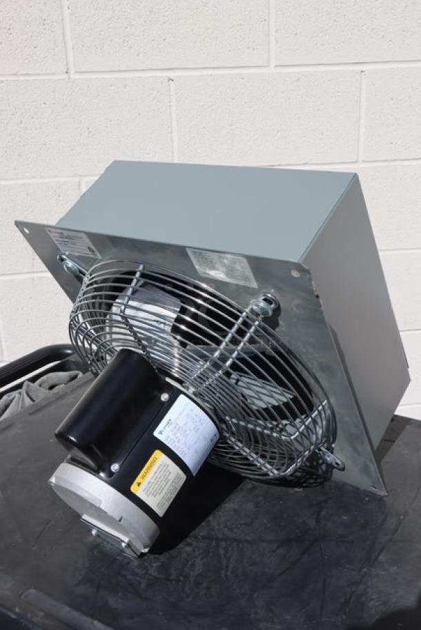 Brand new Canarm 12" wall exhaust fan, model SD12031, 1-speed, 1640 CFM, 120V, 1/4 hp, out of packaging.