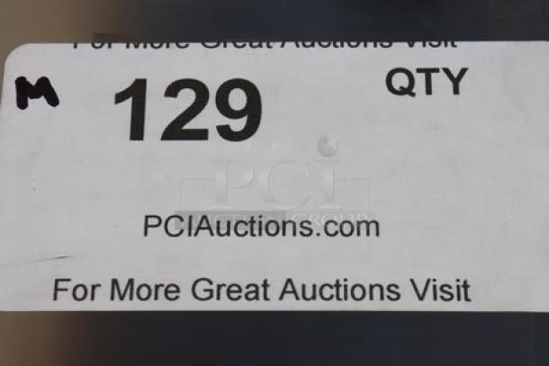 Auction tag for Avantco F200 electric countertop fryer, lot number 129, showing auction website details.