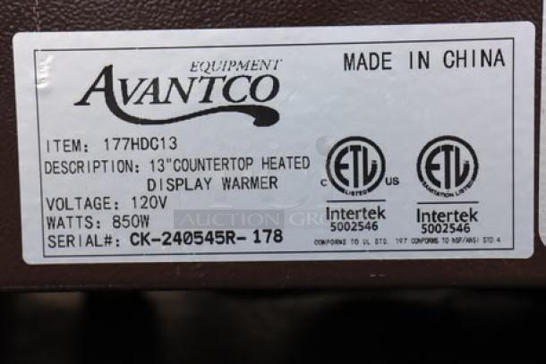 Avantco HDC-13 label showing 120V, 850W specifications and serial number CK-240545R-178.