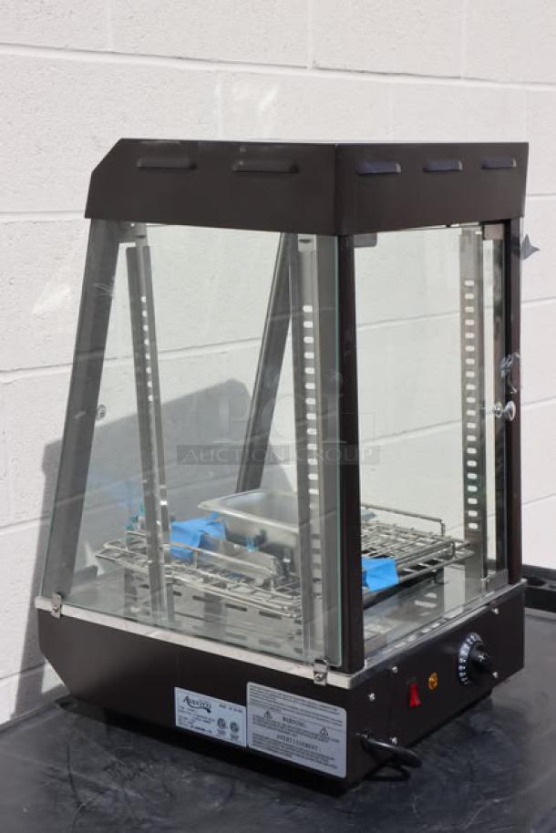 Brand new Avantco HDC-13 heated display case, 15", 3 shelves, hinged doors, 120V, 850W, S/N: CK-240545R-178, out of packaging.