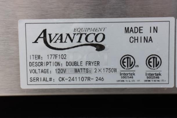 Alt text: Avantco F102 20 lb. Dual Tank Electric Countertop Fryer, 120V, 3500W, model label showing serial number CK-241107R-246, made in China.