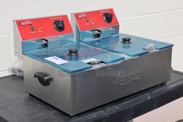 Brand new Avantco F102 20 lb. dual tank electric countertop fryer, 120V, 3500W, out of original packaging, S/N: CK-240545R-178.