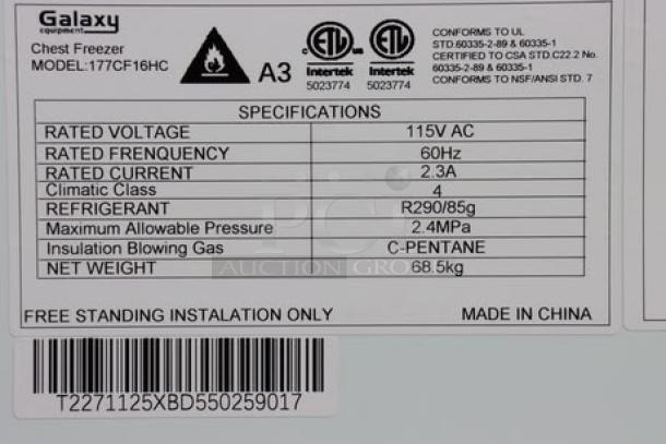 Galaxy CF16HC Commercial Chest Freezer label; 115V, 2.3A, 15.9 cu. ft.; minor dent on air vent; S/N: T2271125XBD550259017.