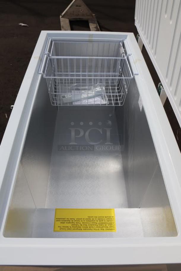 Brand new Galaxy CF16HC commercial chest freezer, 15.9 cu. ft., visible basket, minor dent on right air vent.