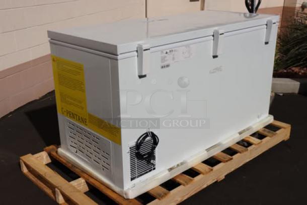 Brand new Galaxy CF16HC commercial chest freezer, 15.9 cu. ft., minor dent on right air vent, visible labels and markings.