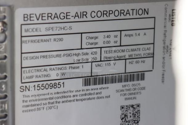 Beverage-Air SPE72HC-S stainless steel refrigerated salad bar, 72", 115V, S/N: 15509851, minor denting on right panel.